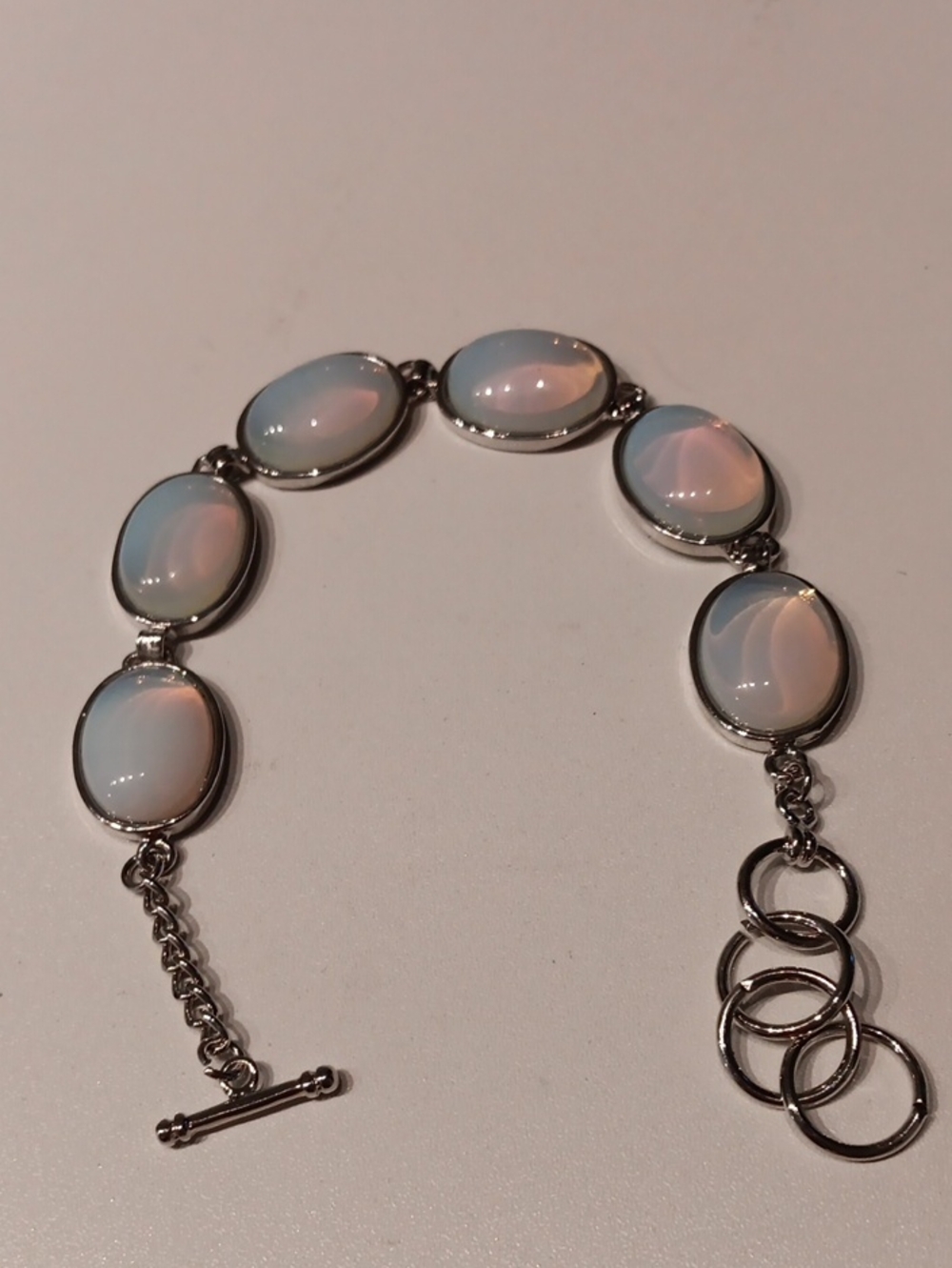 Silver Opal Glass Cabochon Oval Link Bracelet - White Opalescent